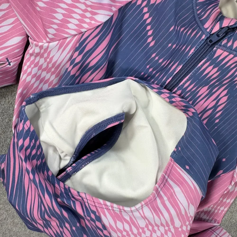 Zella Girls Size 12 Long Sleeve One Piece Swimsuit Zip Up Pink/Blue High Neck